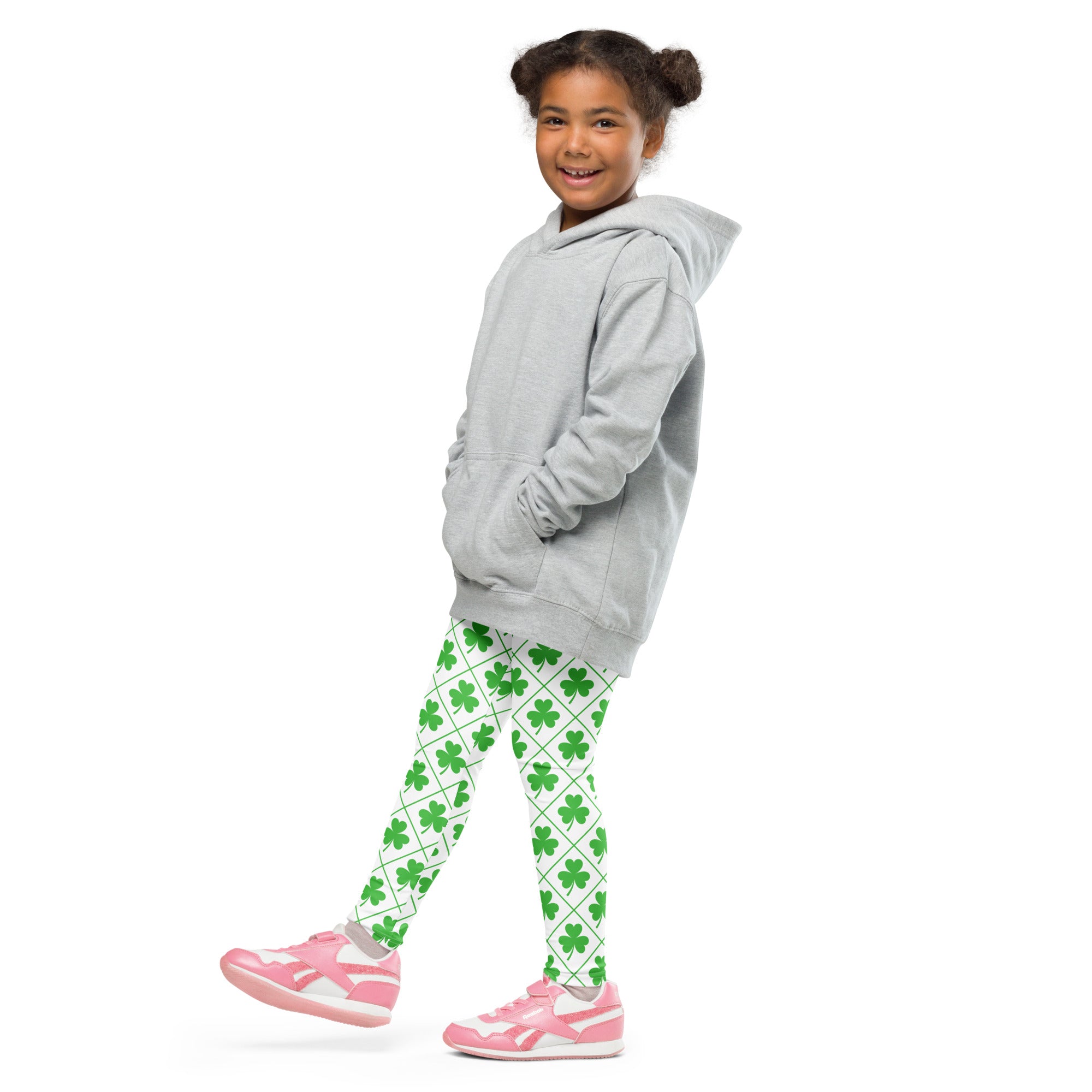 Gray hooded sweatshirt with front pockets and relaxed fit paired with girls shamrock grid buttery soft leggings