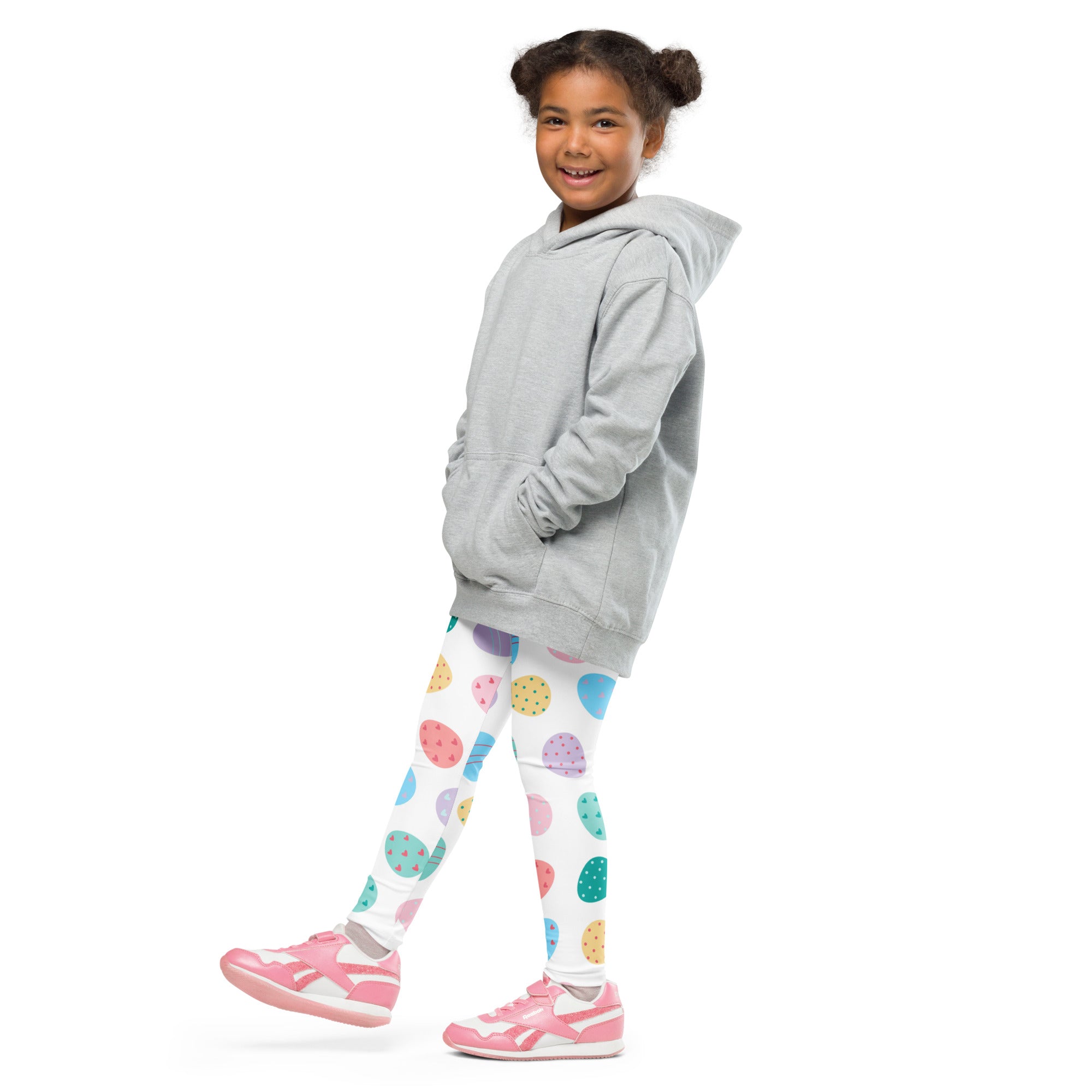 Gray hooded sweatshirt with front pockets and relaxed fit paired with girls pastel easter egg buttery soft leggings