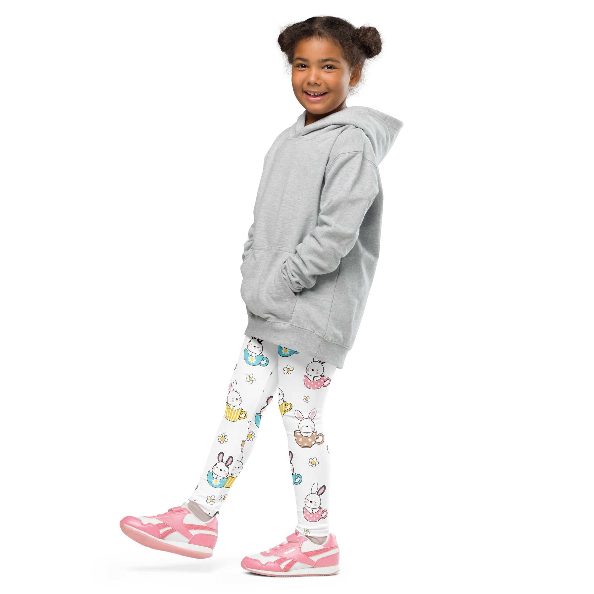 Gray hooded sweatshirt with relaxed fit and front pockets paired with girls bunny teacup Easter buttery soft leggings
