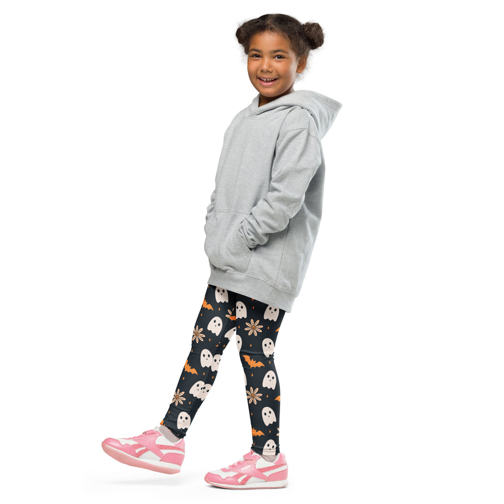 Girls Floral Ghost Bat Halloween Leggings - Warm, Buttery Soft & Stretchy