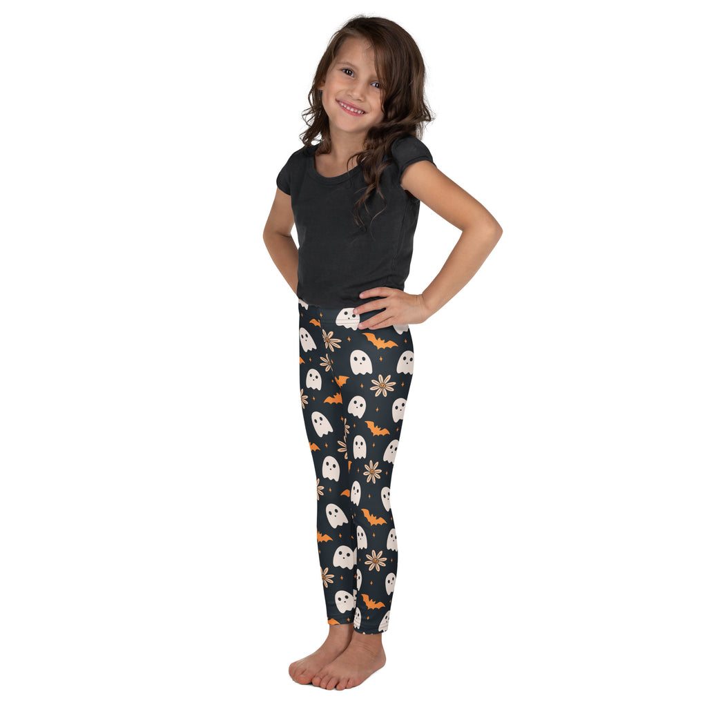 Girls Floral Ghost Bat Halloween Leggings - Warm, Buttery Soft & Stretchy