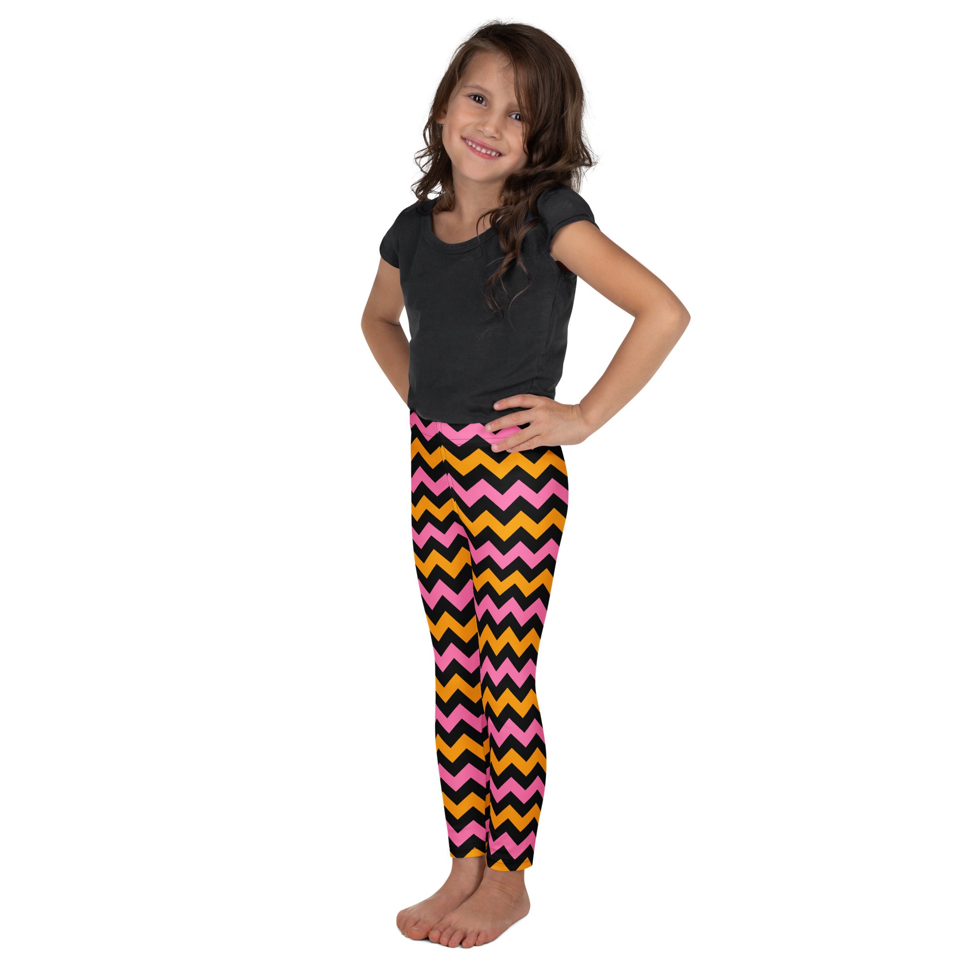 Girls Pink, Orange, & Black Chevron Halloween Leggings - Warm, Buttery Soft & Stretchy