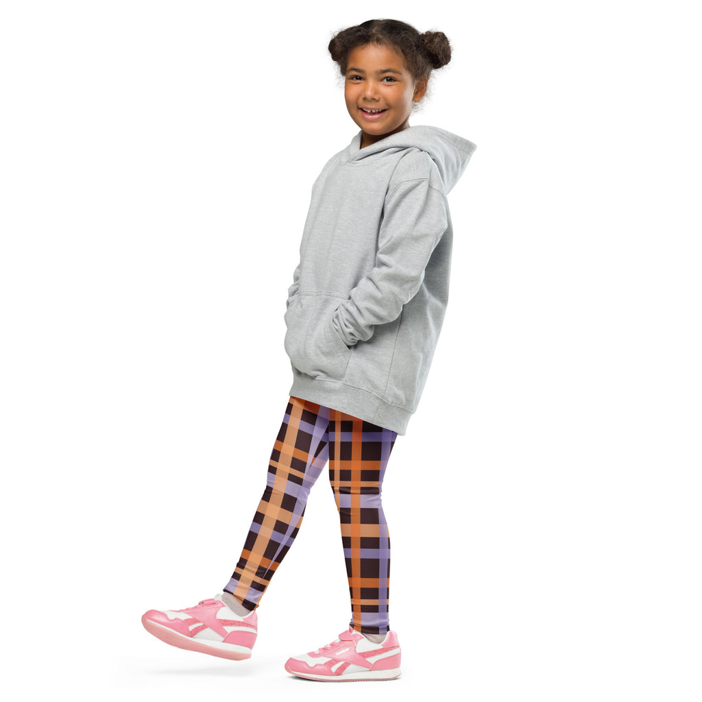 Girls Purple & Orange Plaid Halloween Leggings - Warm, Buttery Soft & Stretchy