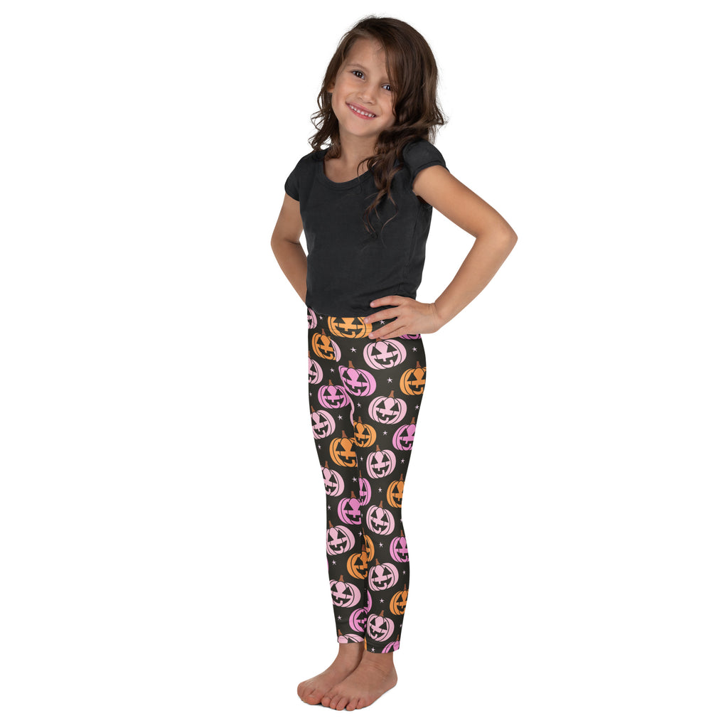 Girls Pink Jack O Lantern Pumpkin Patch Leggings - Warm, Buttery Soft & Stretchy