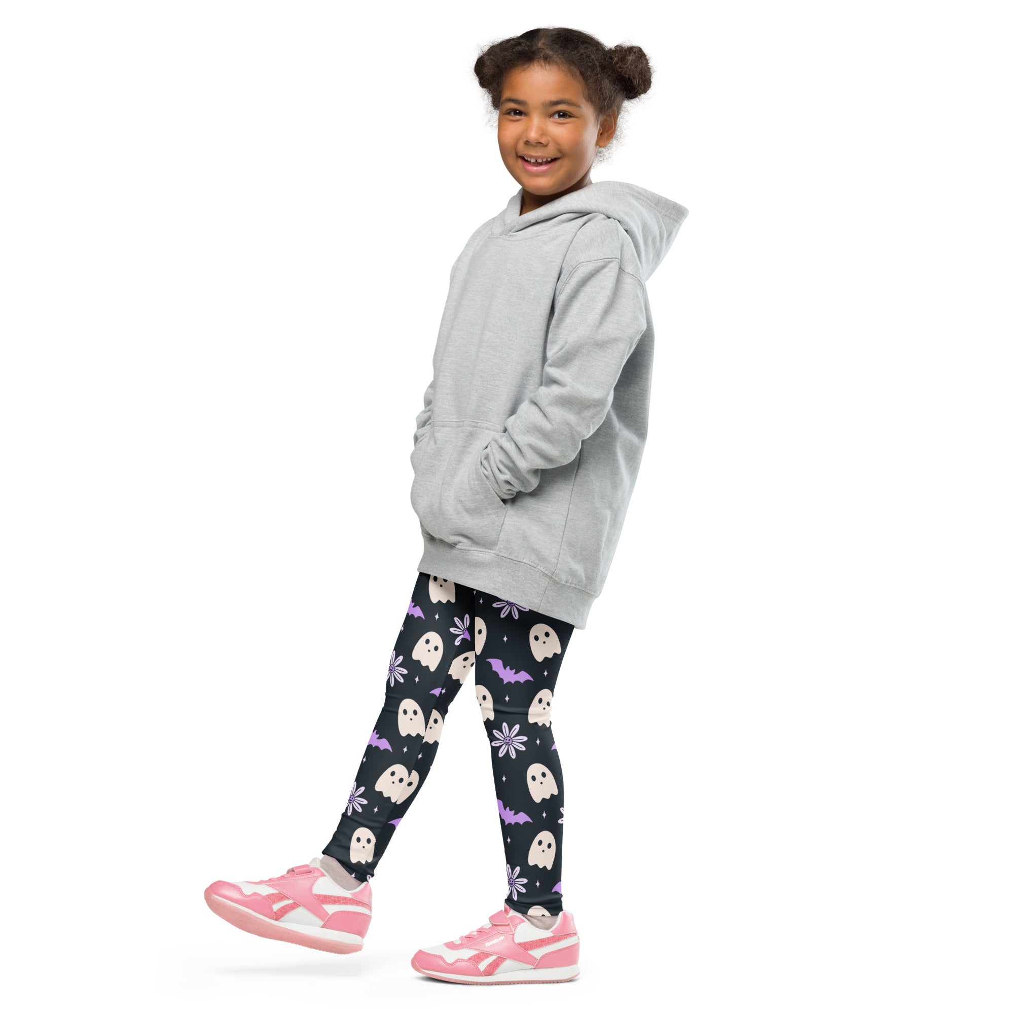 Girls Purple Floral Ghost Bat Halloween Leggings - Warm, Buttery Soft & Stretchy