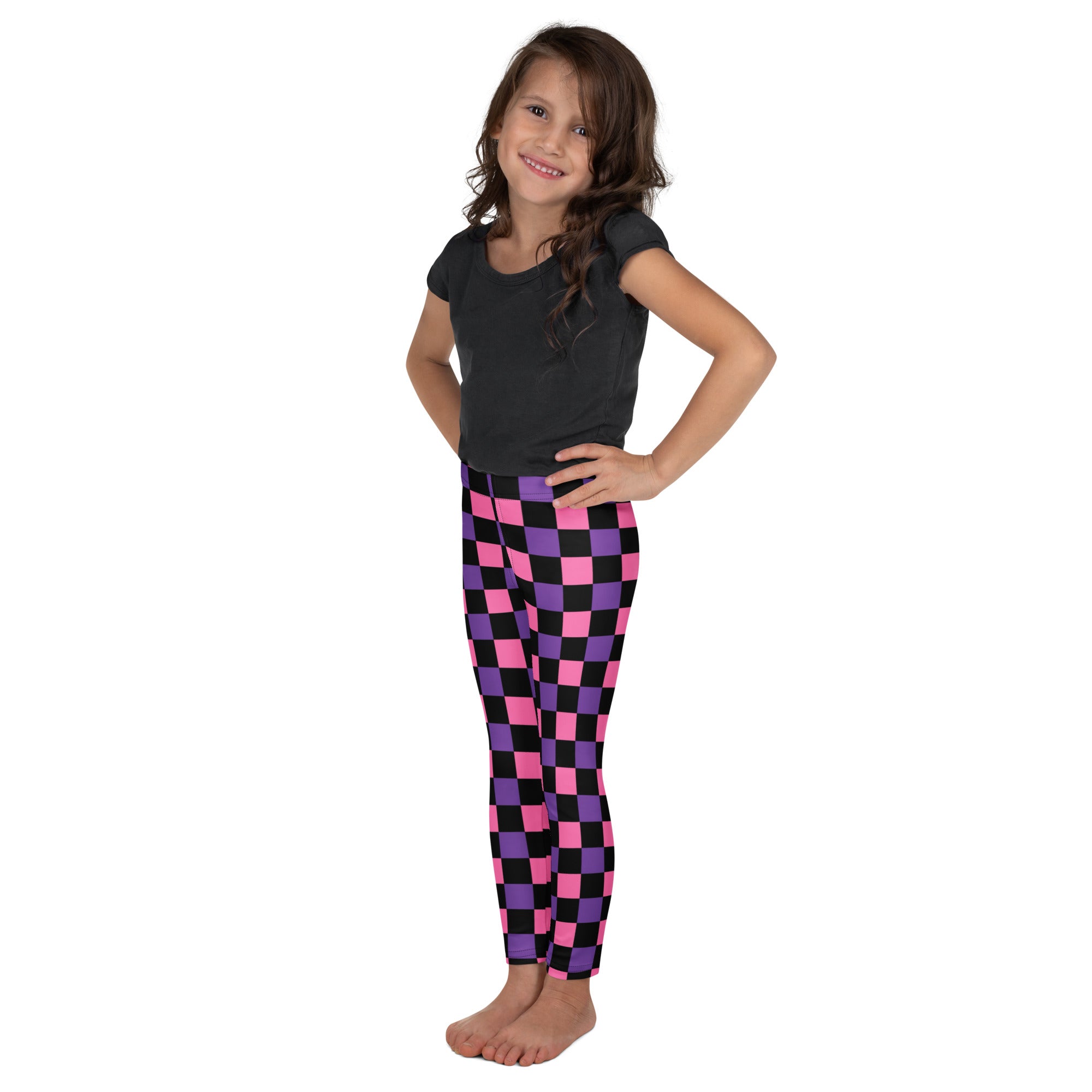 Girls Pink & Purple Checkerboard Halloween Leggings - Warm, Buttery Soft & Stretchy