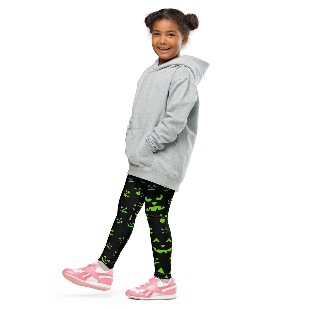 Girls Green Jack-O’-Lantern Halloween Leggings - Warm, Buttery Soft & Stretchy