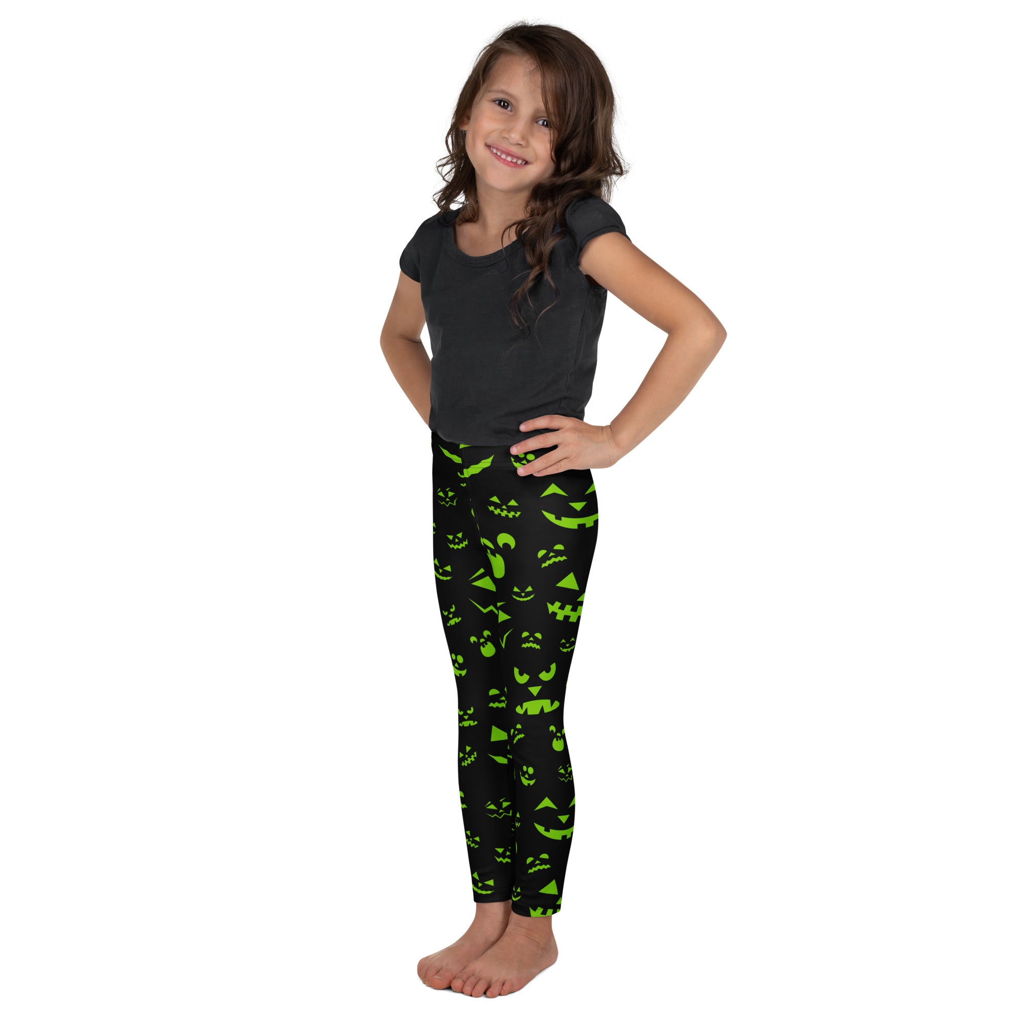 Girls Green Jack-O’-Lantern Halloween Leggings - Warm, Buttery Soft & Stretchy