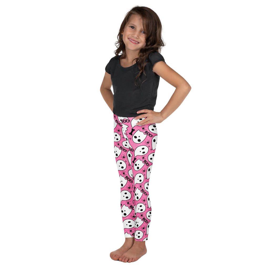 Girls Pink Ghost Halloween Themed Leggings - Warm, Buttery Soft & Stretchy