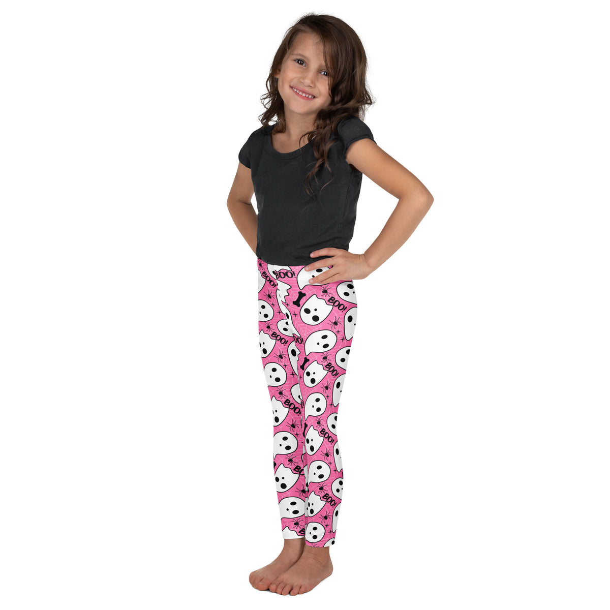 Girls Pink Ghost Halloween Themed Leggings - Warm, Buttery Soft & Stretchy