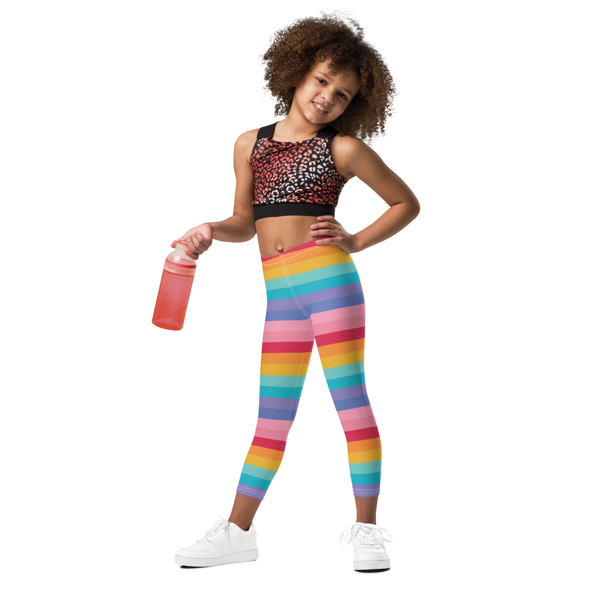 Girls bright rainbow striped buttery soft leggings with vibrant horizontal multicolor stripes