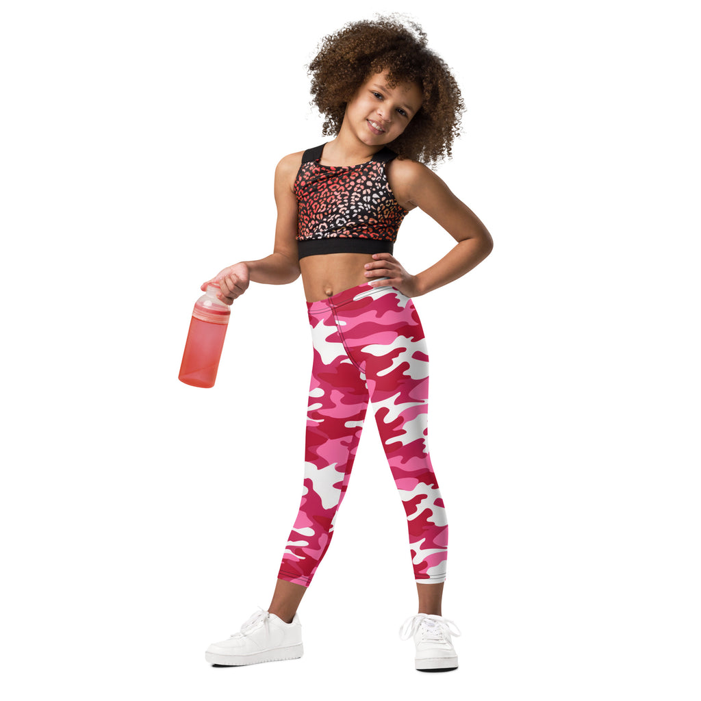 Girls pink camouflage buttery soft leggings with pink and white camouflage pattern for comfortable wear