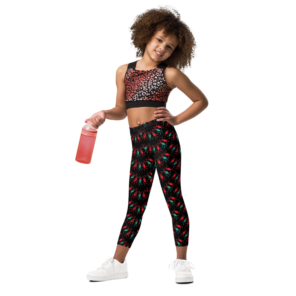 Kids christmas lights buttery soft black leggings with vibrant red and teal flamingo pattern