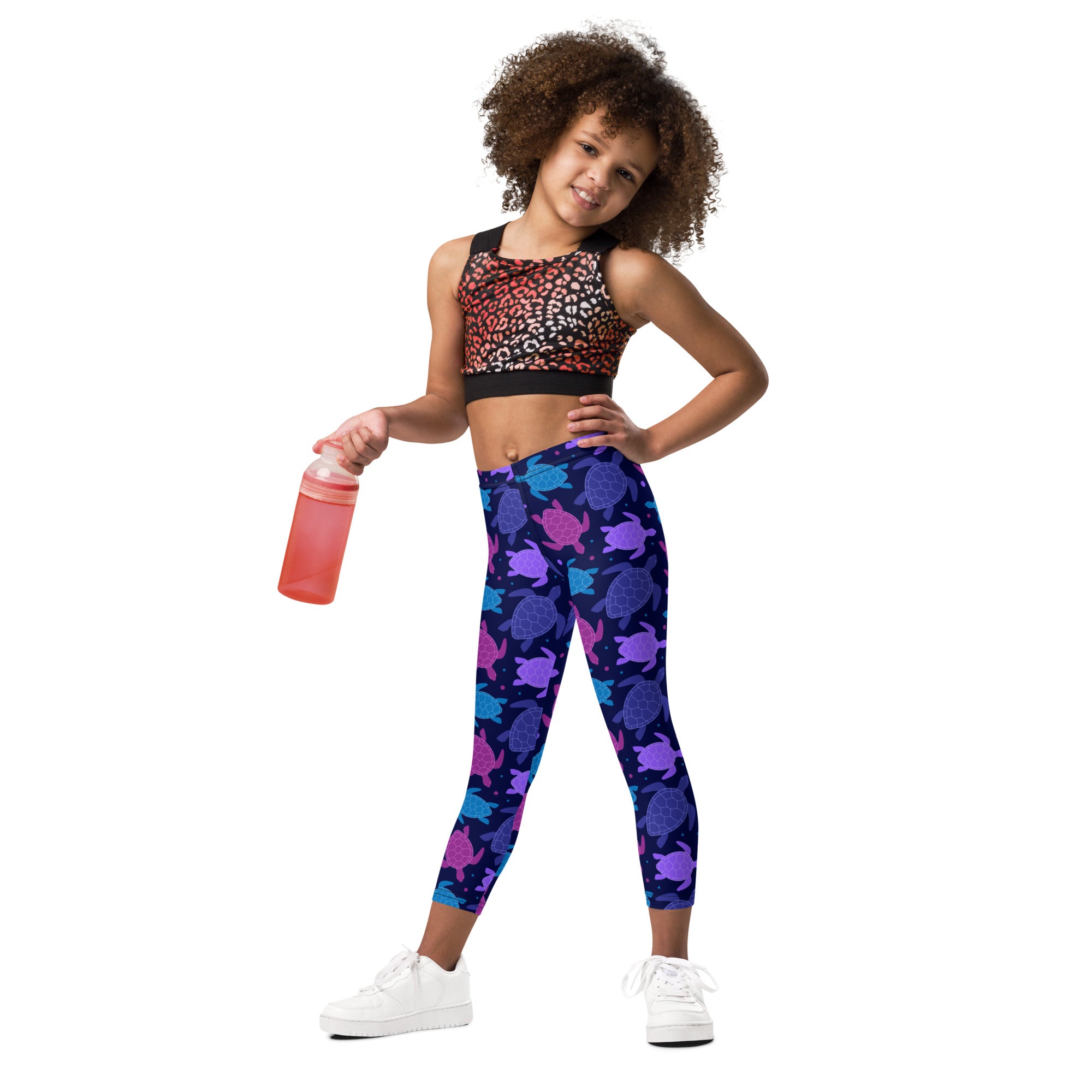 Girls purple sea turtle buttery soft leggings in blue and purple with a stretchy form-fitting design