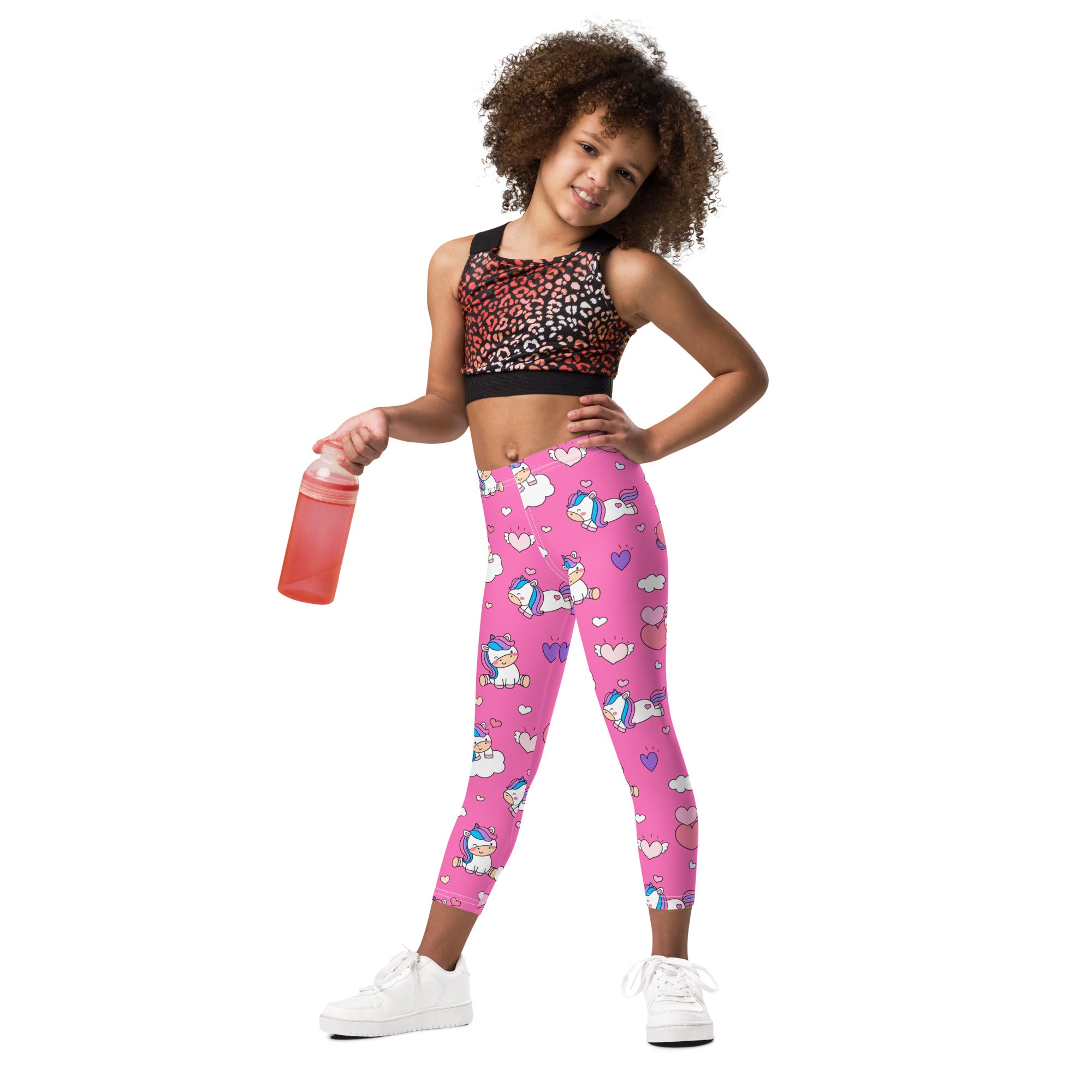 Pink girls unicorn hearts buttery soft leggings with playful white and purple unicorn hearts and clouds pattern