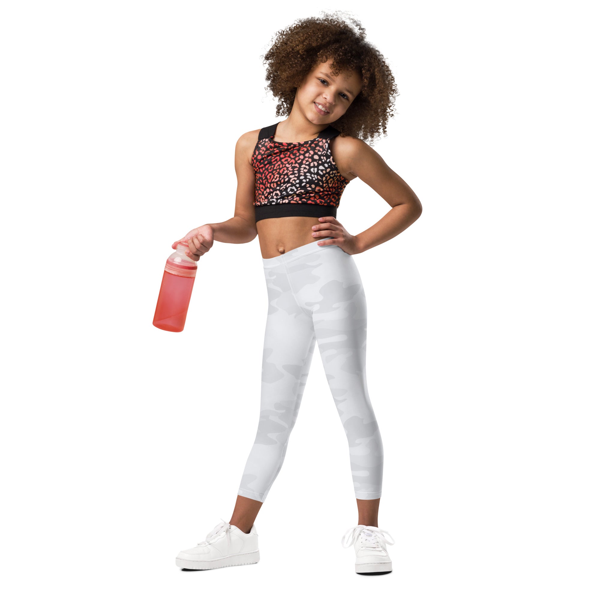 Kids white camouflage buttery soft leggings showing the back side made from soft comfortable fabric