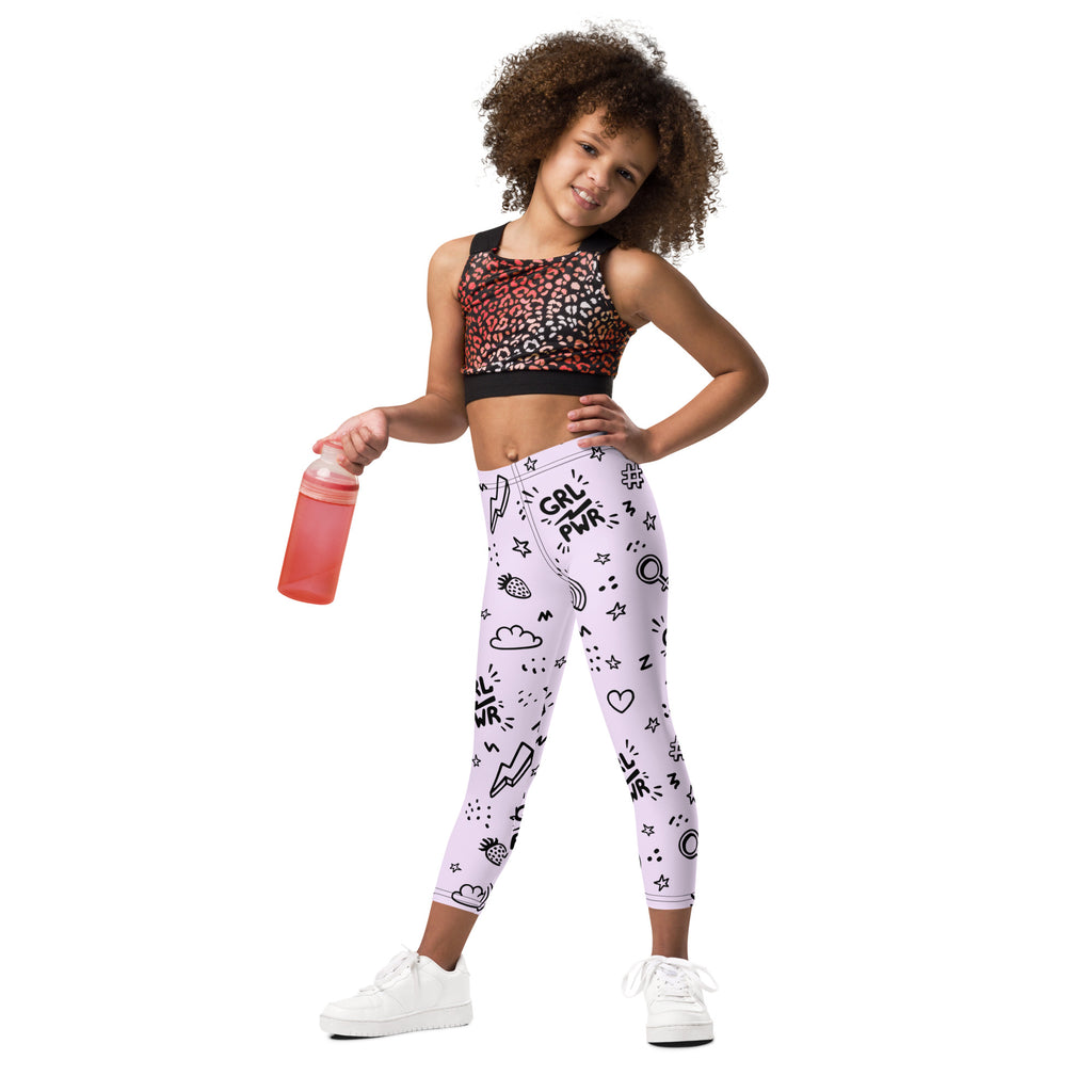 Pink and black girl power kids buttery soft leggings with stars hearts lightning bolts and other doodles design
