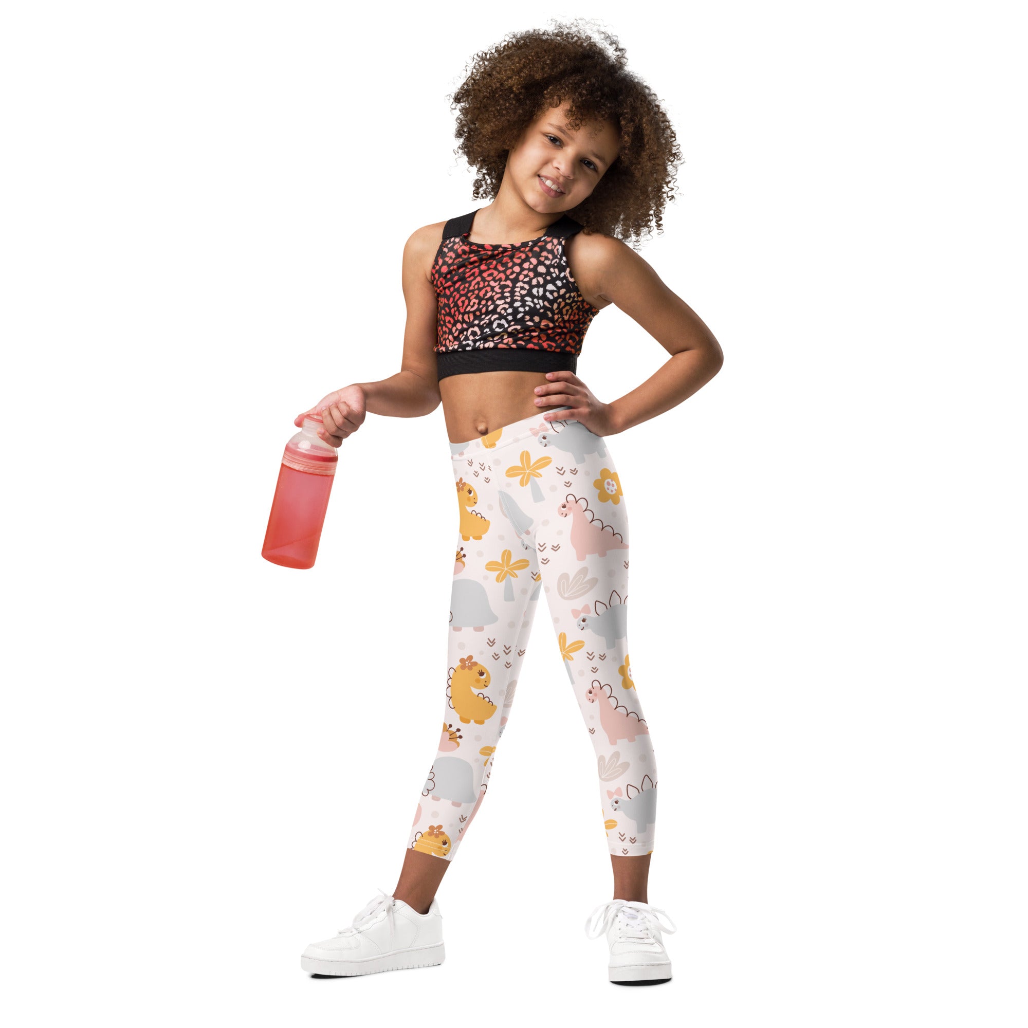 Girls floral dinosaur buttery soft white leggings with playful pastel cartoon dinosaur and flower pattern