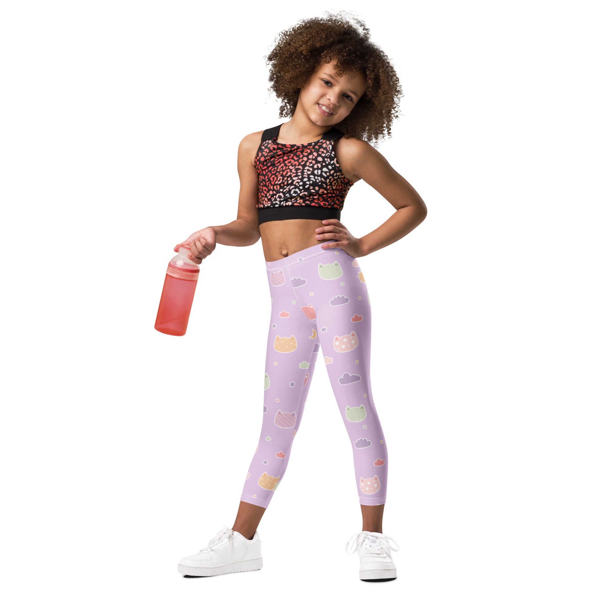 Girls pastel purple kawaii cats and clouds buttery soft leggings with playful pastel-colored cat and cloud pattern