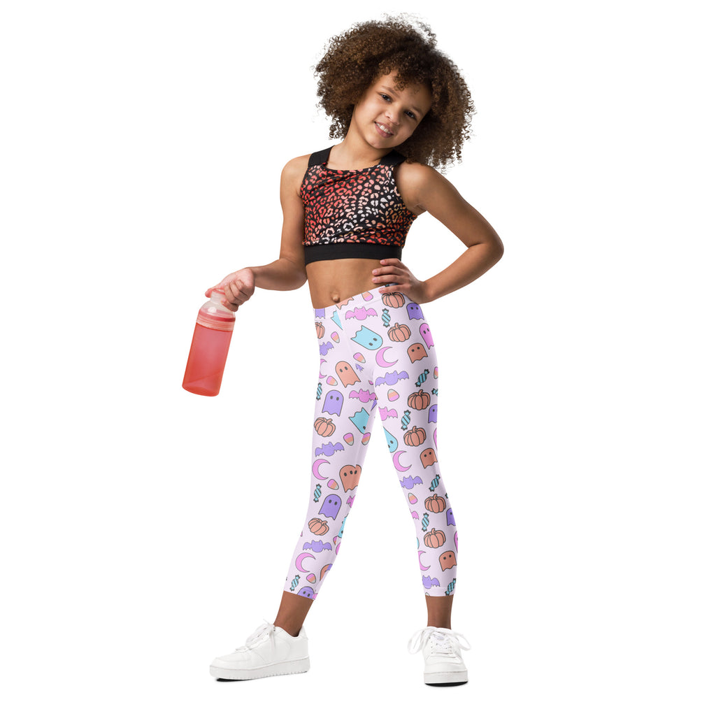 Girls halloween pattern buttery soft white leggings with pastel ghosts pumpkins bats and moons in playful design