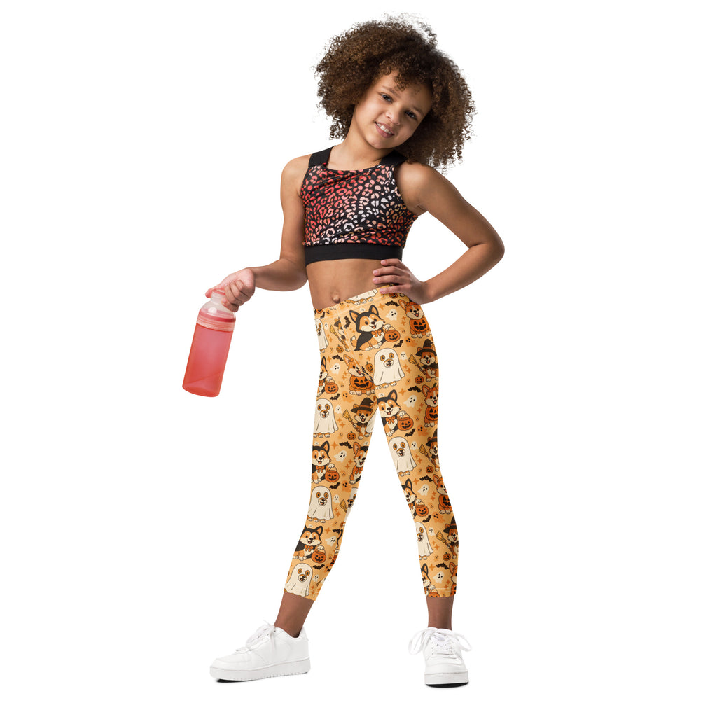 Kids corgi dog ghost halloween buttery soft leggings with playful corgis ghosts and pumpkins on warm orange background
