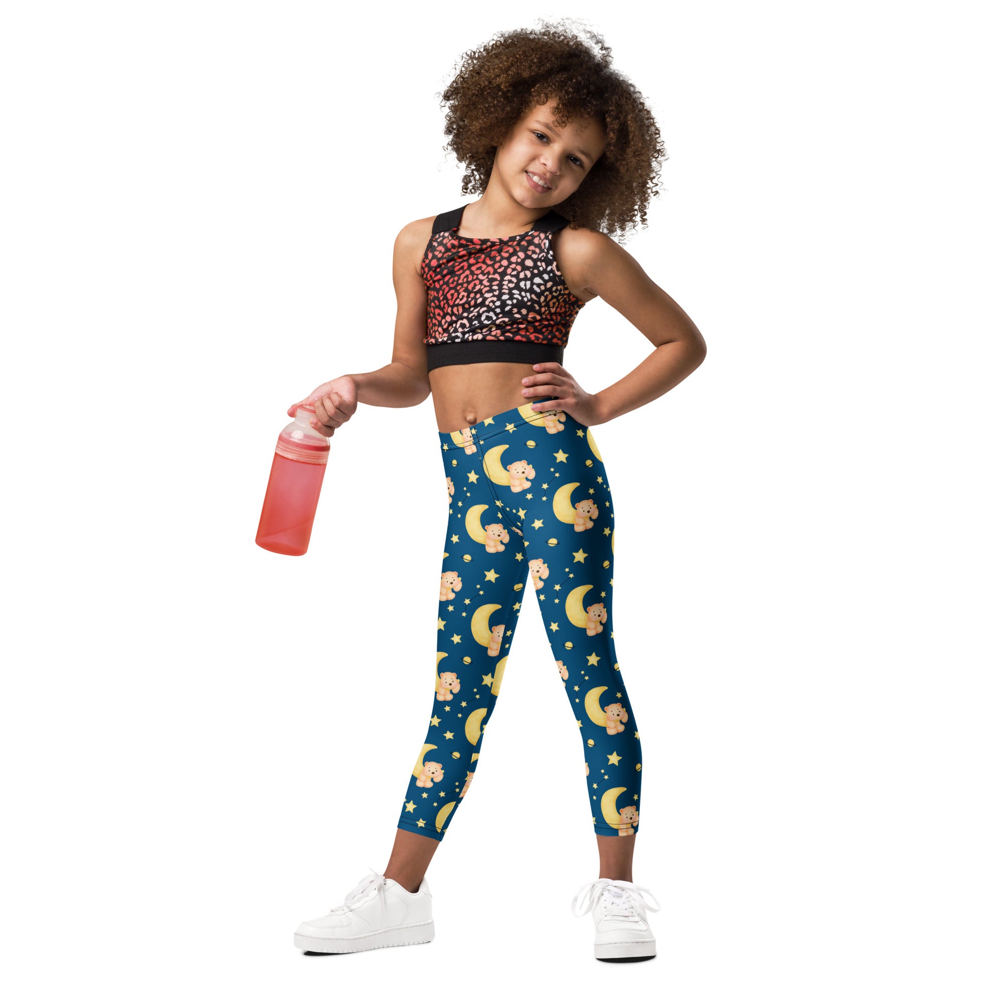 Blue kids night sky teddy bear buttery soft leggings with yellow crescent moons stars and cartoon bear pattern