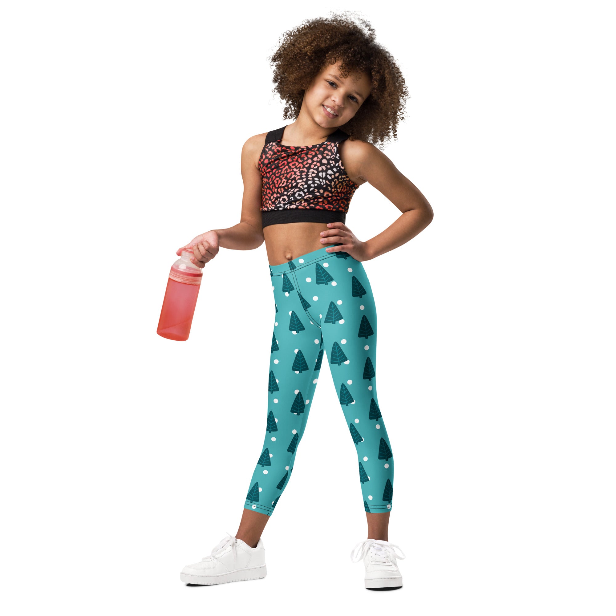 Kids christmas tree snow buttery soft leggings in teal with dark green pine tree and white polka dot pattern
