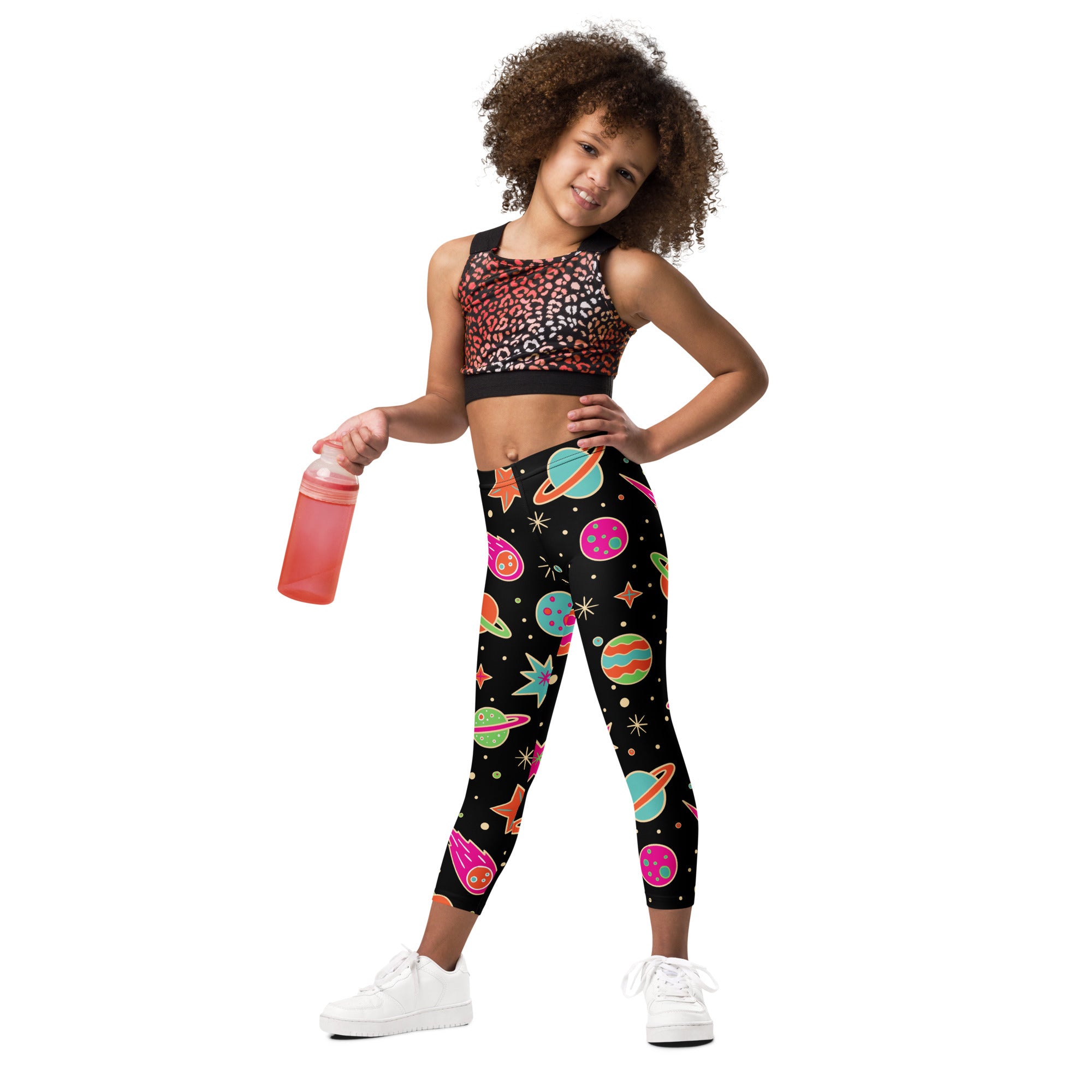 Girls retro outer space buttery soft black leggings with vibrant colorful planets stars and rockets print
