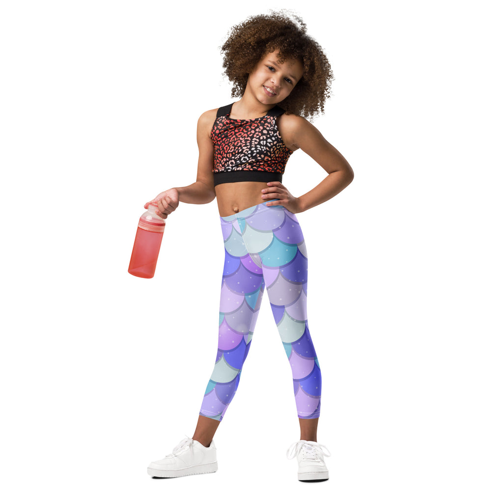 Girls purple mermaid buttery soft leggings with mermaid scale pattern in gradient purple and blue hues