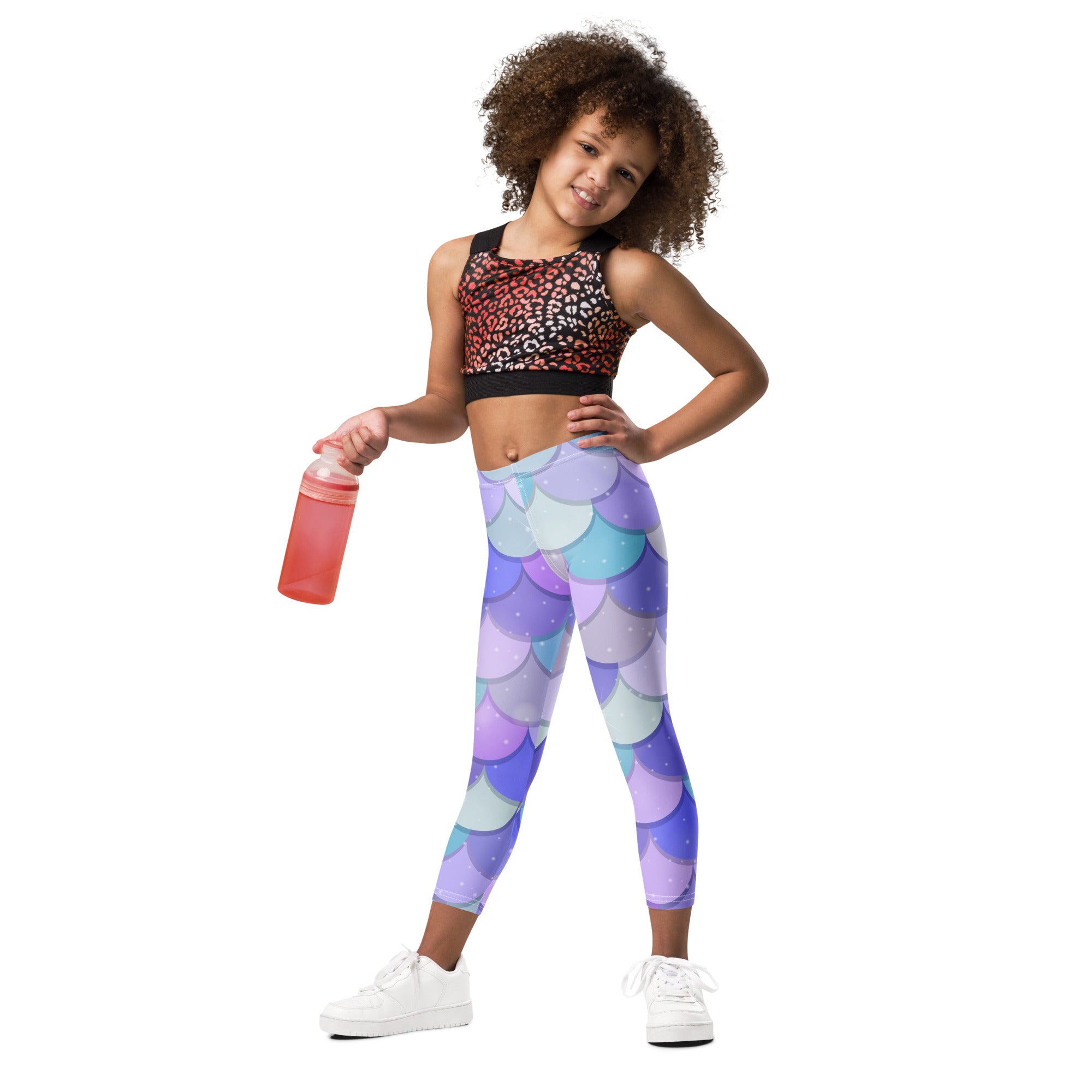 Girls purple mermaid buttery soft leggings with mermaid scale pattern in gradient purple and blue hues