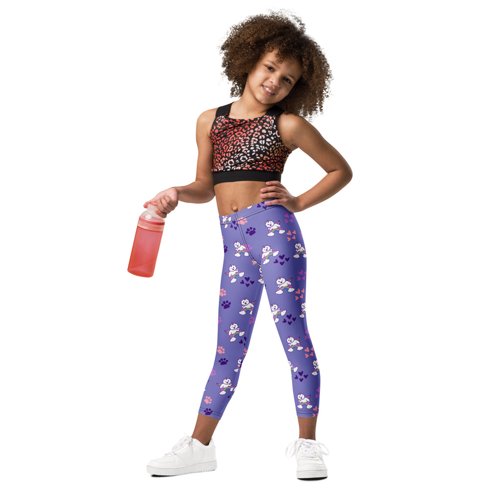 Girls purple caticorn buttery soft leggings with white cartoon dogs and purple paw prints playful pattern