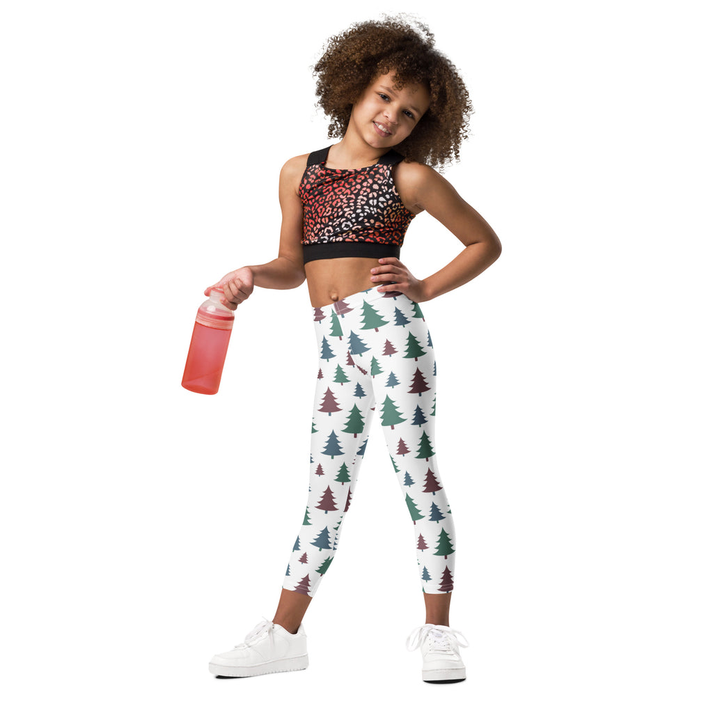 Kids pine tree winter buttery soft white leggings with green and maroon pine tree pattern