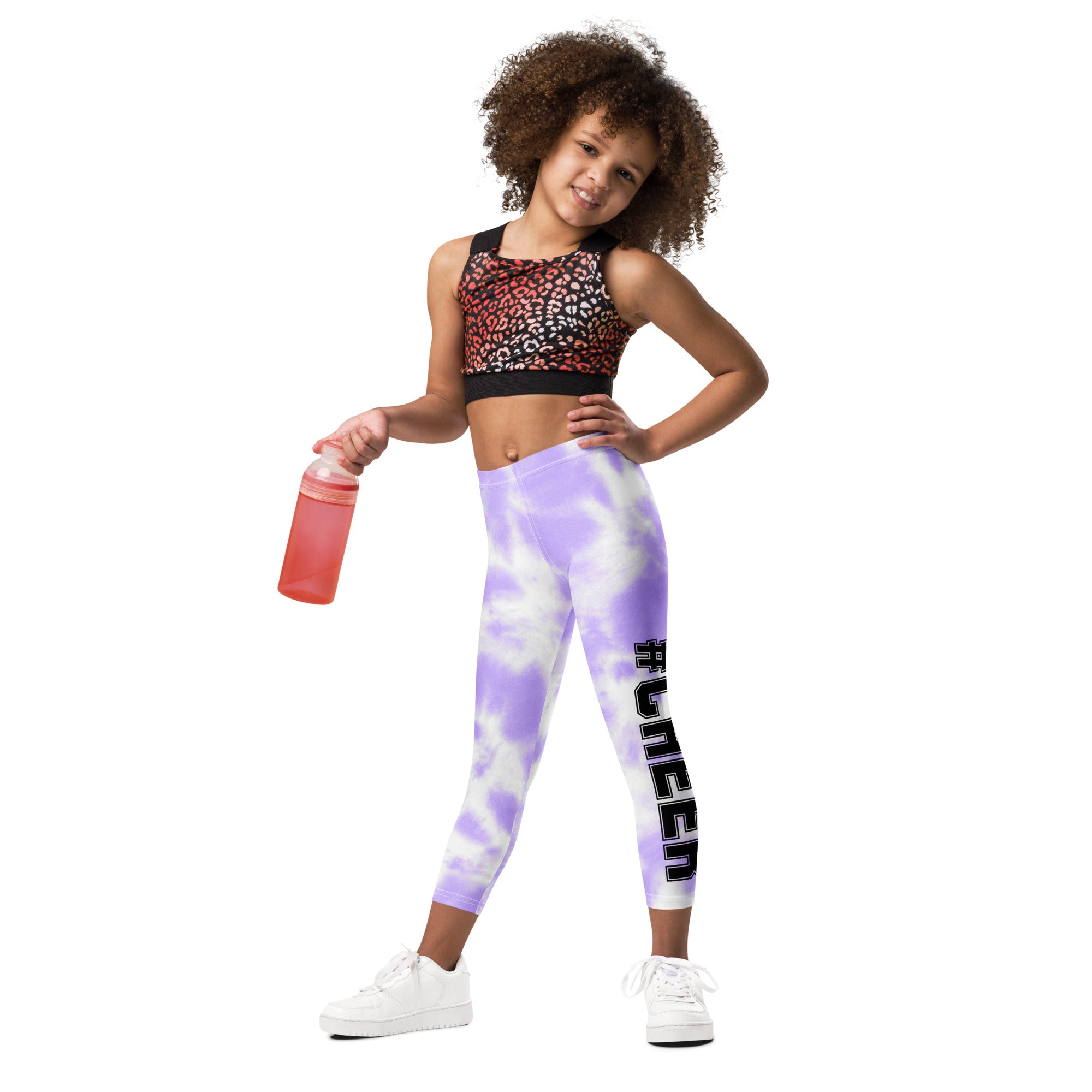 Girls custom lavender tie dye buttery soft leggings with black #queen text down the side in purple and white