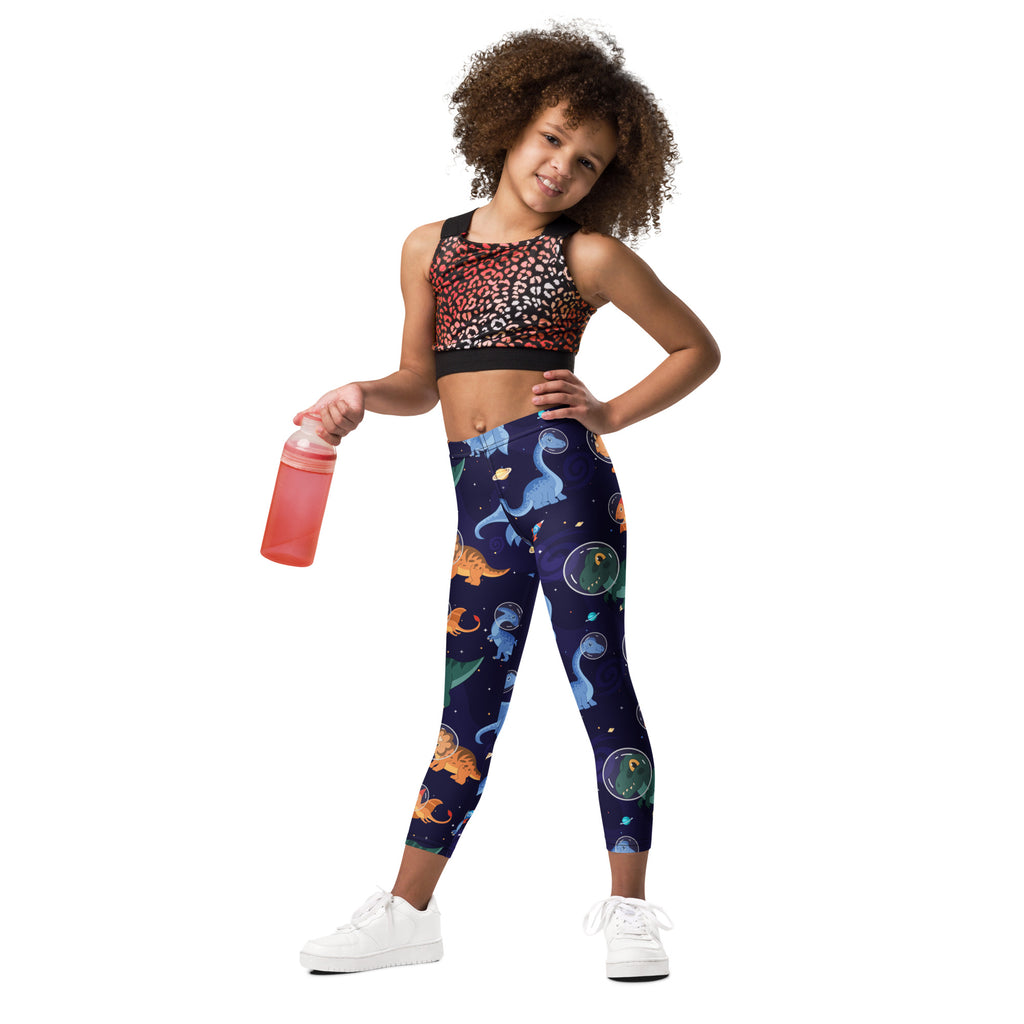 Navy blue kids space dinosaur buttery soft leggings with colorful dinosaur and starry space-themed print