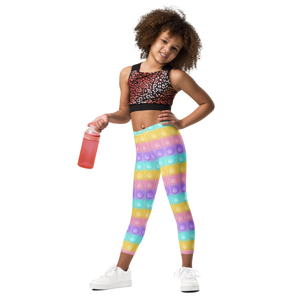 Kids bubble fidget toy themed leggings in rainbow colors with buttery soft stretchy and form-fitting design