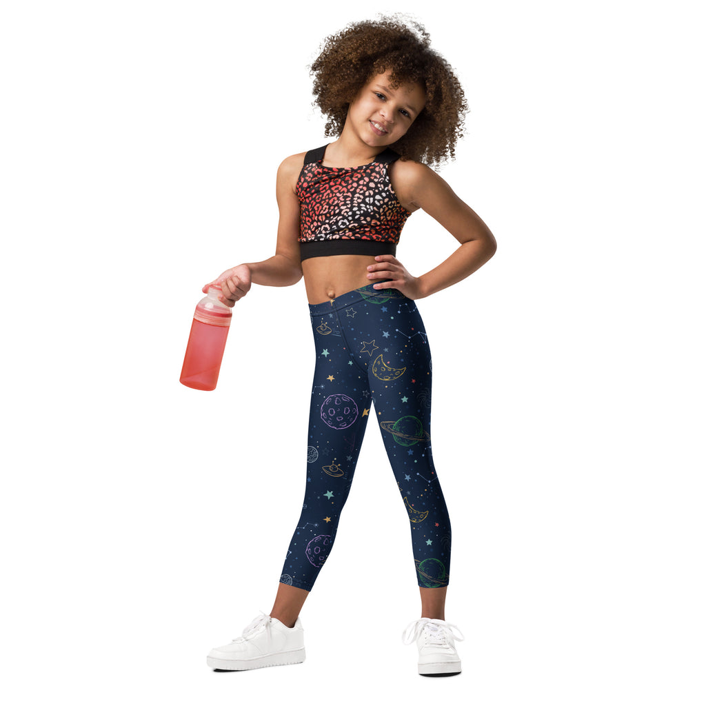 Kids colorful galaxy space buttery soft leggings in dark blue with shimmering celestial planets moons and stars patterns
