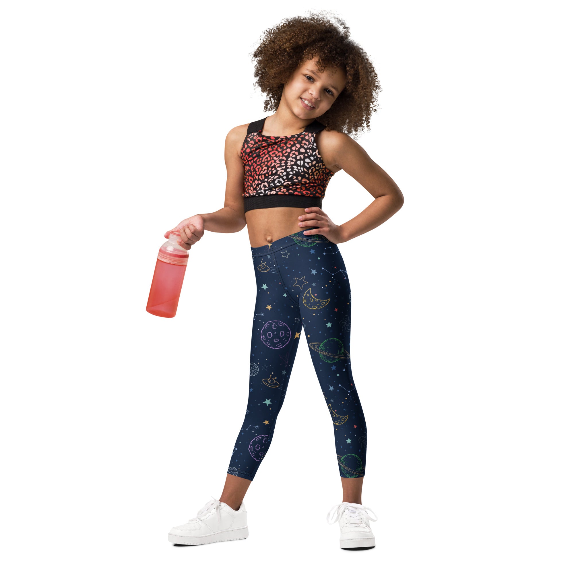 Kids colorful galaxy space buttery soft leggings in dark blue with shimmering celestial planets moons and stars patterns