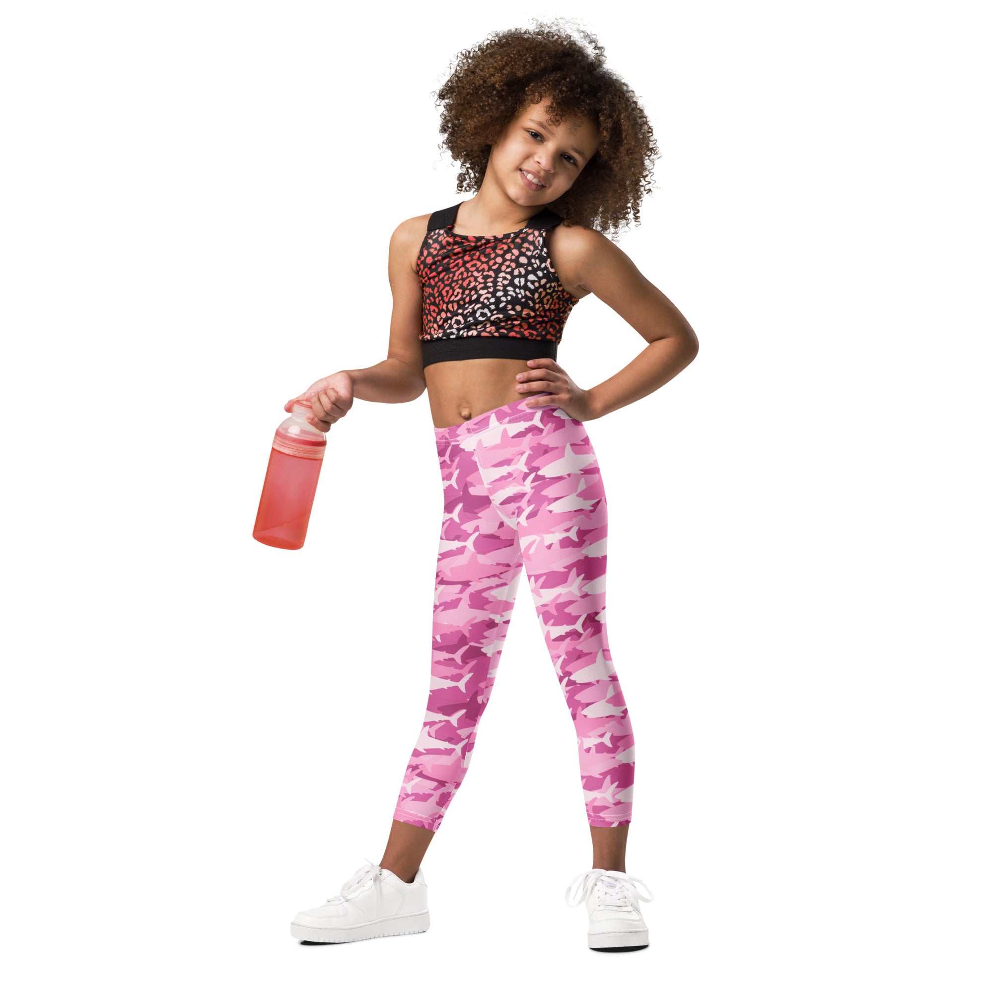 Girls pink shark buttery soft leggings featuring vibrant pink shark camouflage for comfortable everyday wear
