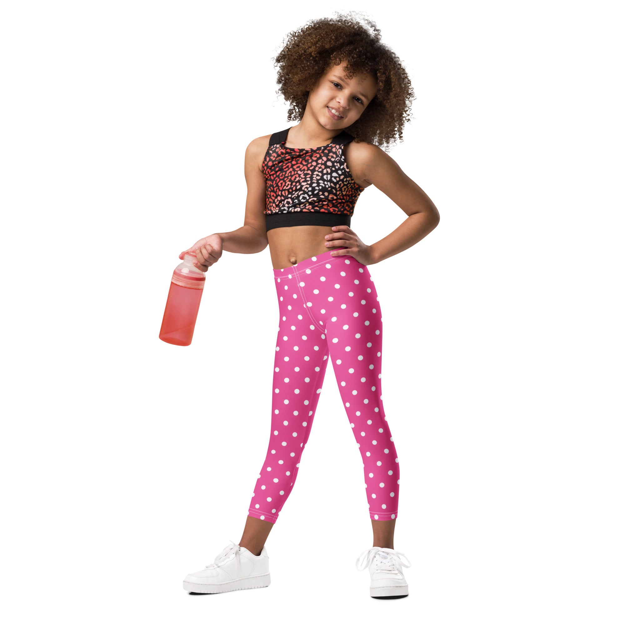 Girls pink polka dot buttery soft leggings in pink with white dots for comfortable everyday wear
