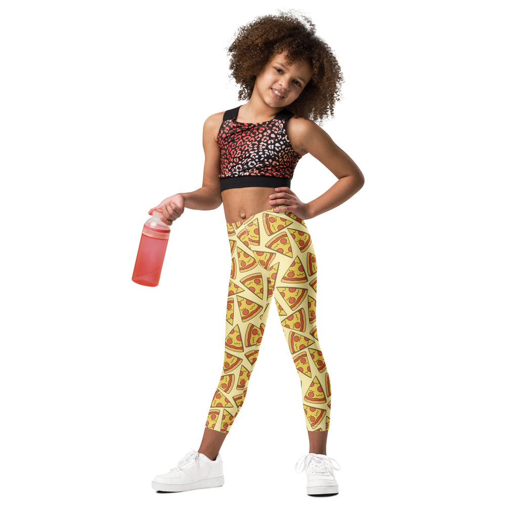 Kids pizza slice buttery soft yellow leggings with playful pizza slice pattern for comfortable everyday wear