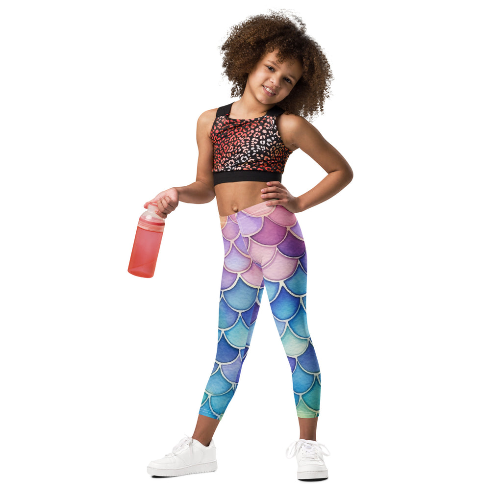Girls watercolor mermaid buttery soft leggings with mermaid-scale pattern in pink purple blue and teal gradient hues