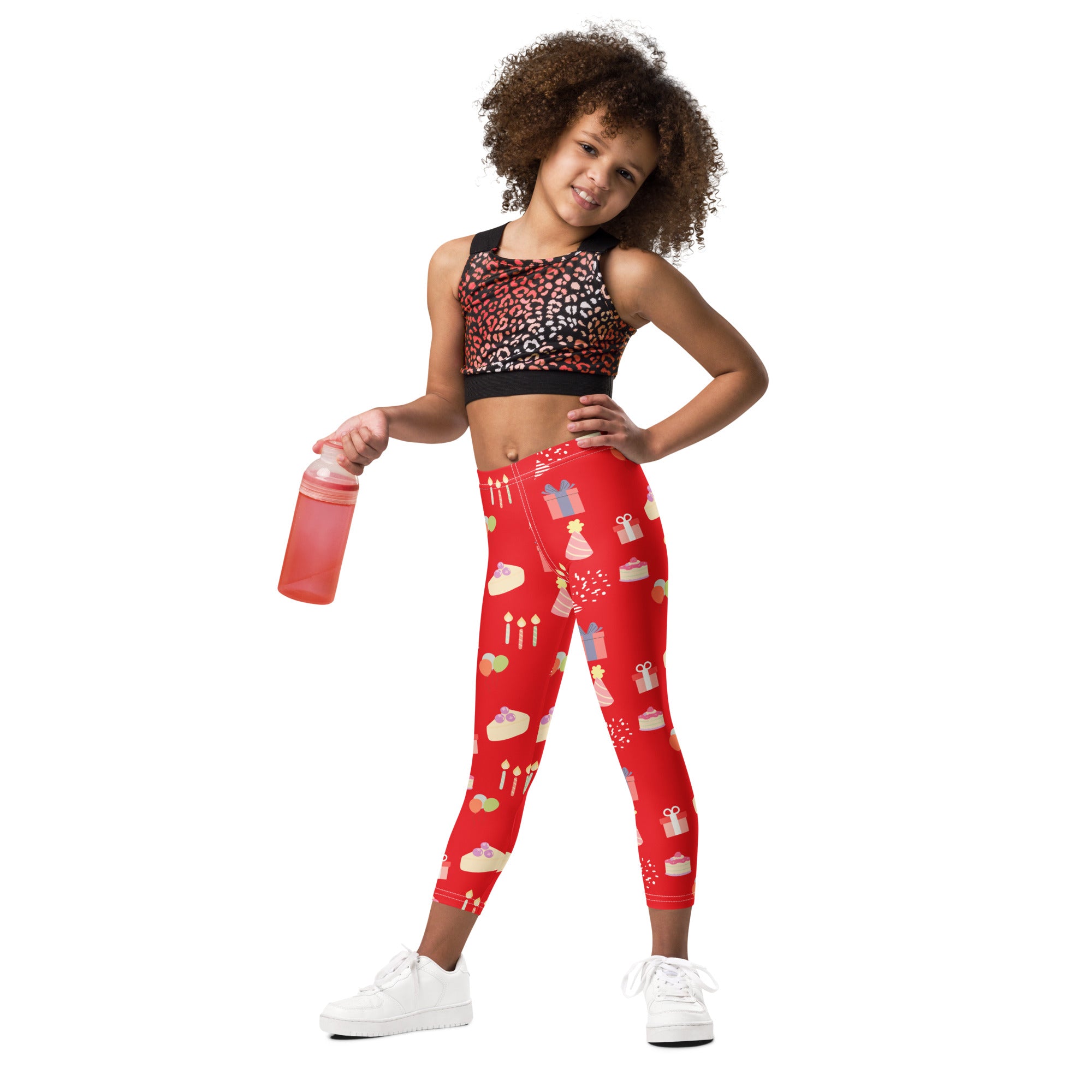 Kids red birthday pattern buttery soft leggings featuring festive cakes candles and gift boxes pattern