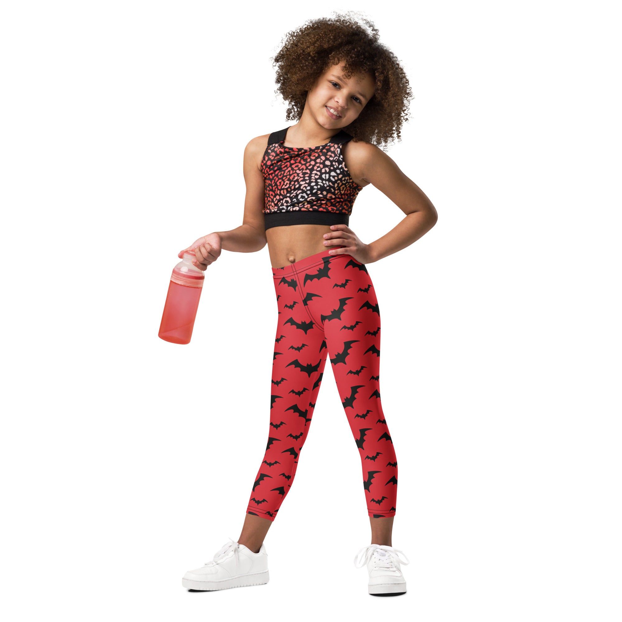 Kids red bats halloween buttery soft leggings featuring black bat patterns for festive comfortable wear