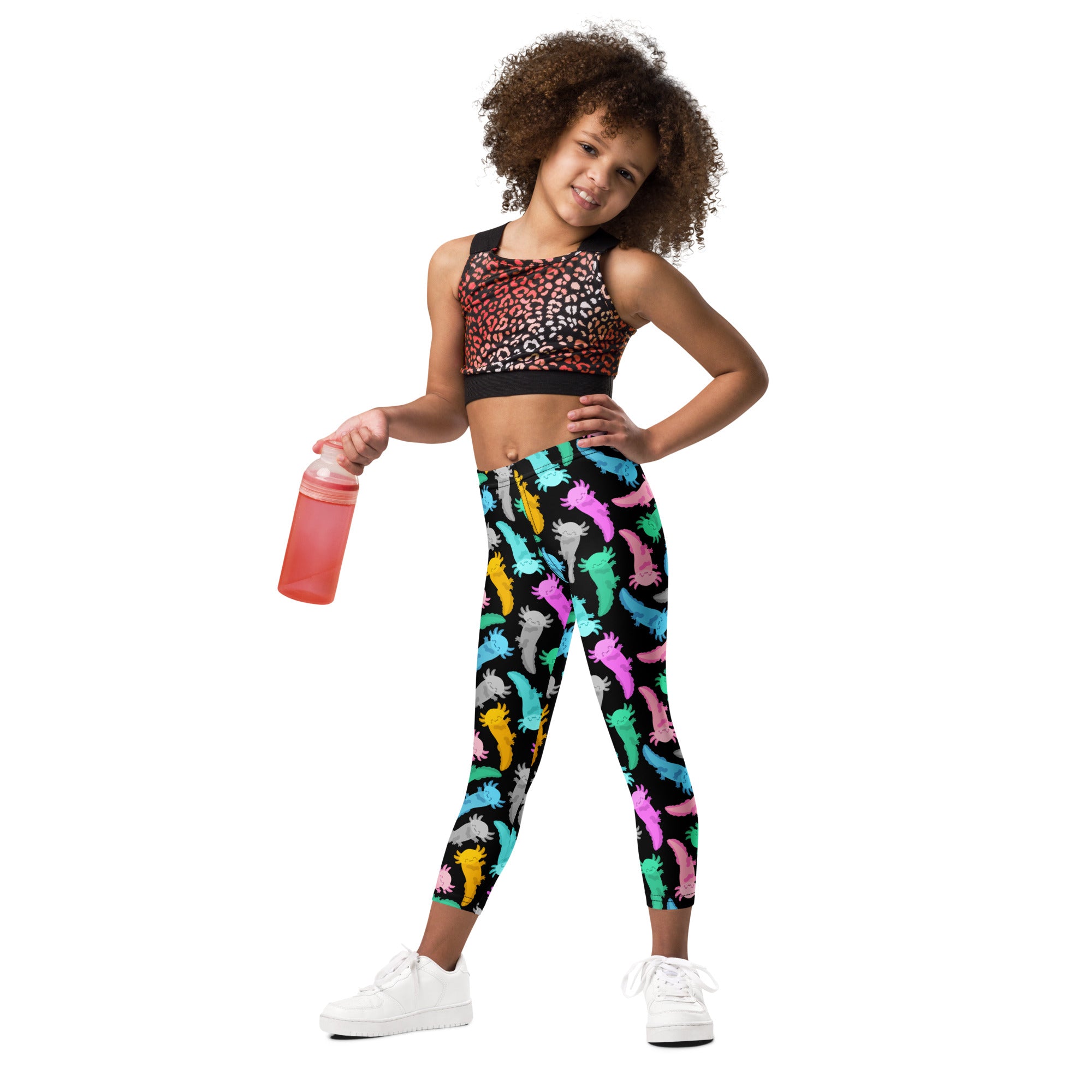 Kids colorful axolotl buttery soft black leggings with vibrant multicolored cartoon axolotl pattern