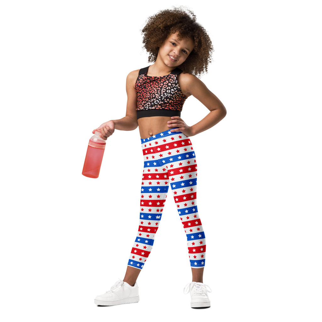 Kids red white and blue buttery soft leggings with stars and stripes pattern perfect for festive wear