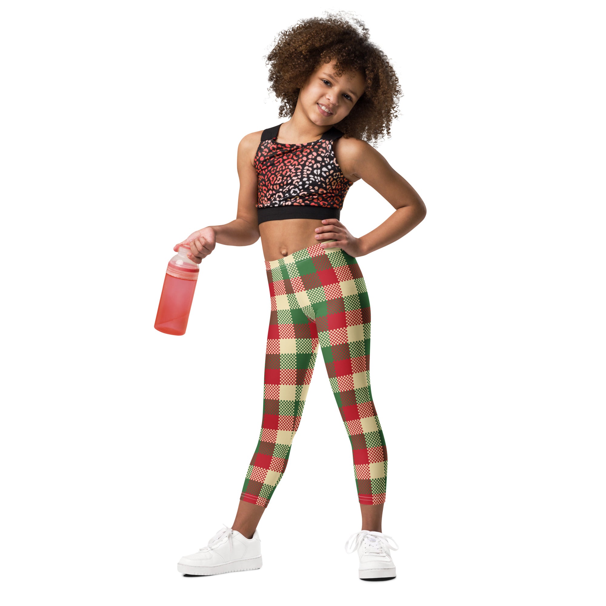 Kids christmas plaid buttery soft leggings in red green and beige with a subtle textured design