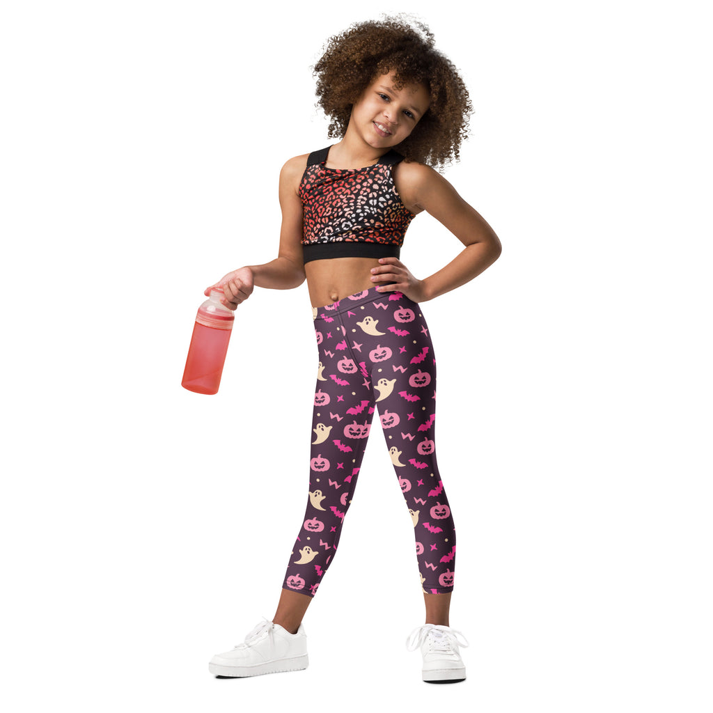 Girls purple and pink buttery soft leggings with pink and black halloween ghost pumpkin and bat prints