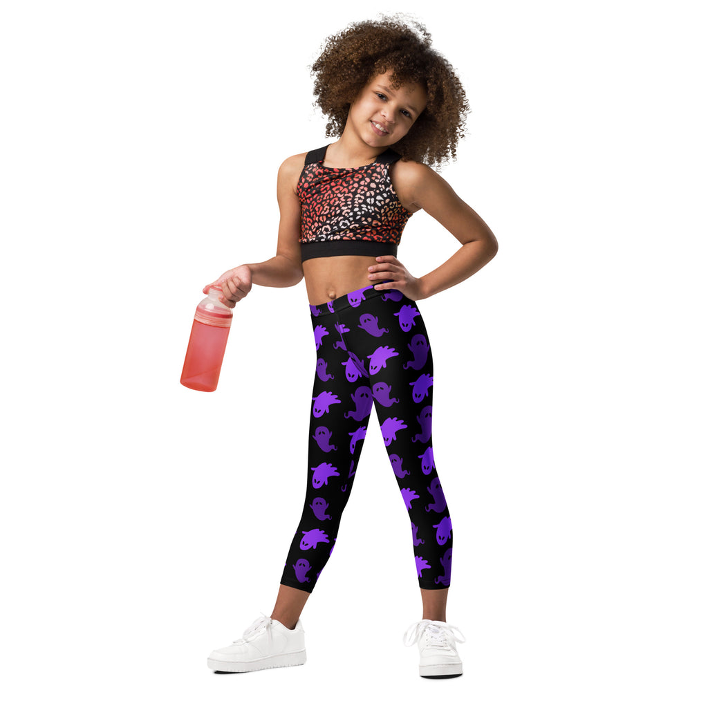 Girls buttery soft black leggings with purple ghost prints for Halloween themed wear