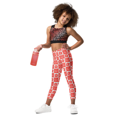 Girls Red Checkerboard Flower and Smile Face Buttery Soft Leggings