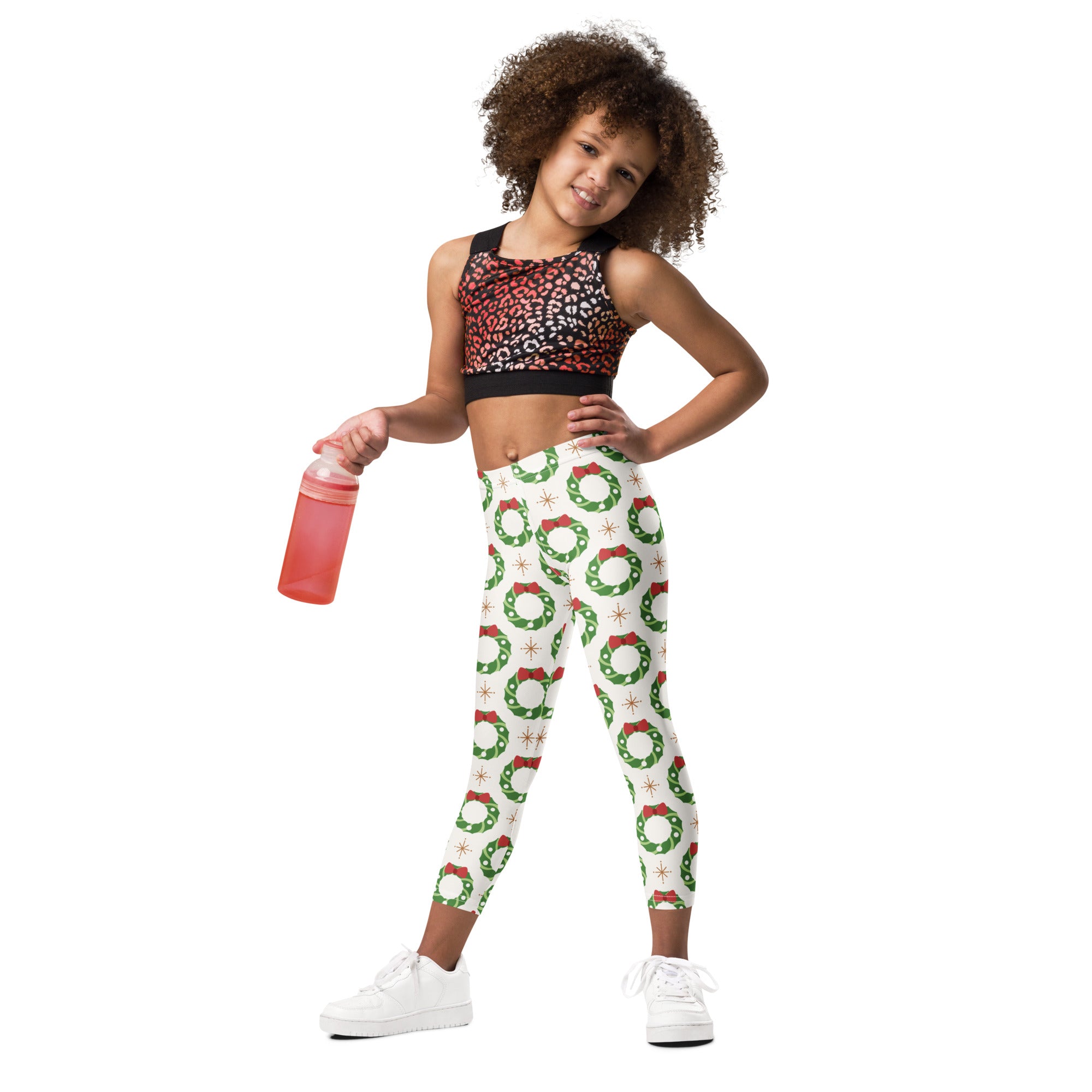 Kids holiday wreath buttery soft white leggings with green wreaths red bows and star accents pattern